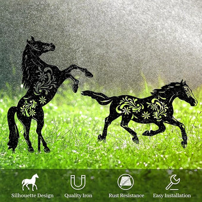 2 Pcs Year of The Horse Metal Garden Stakes, Running & Jumping Horse Silhouette Yard Art, Outdoor Lawn Patio Decor for Lunar New Year Rustic Metal Yard Stakes for Garden Pathway Farm Decor