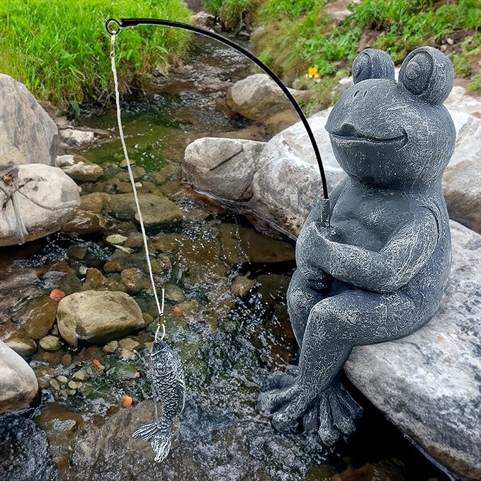 9.5" Fishing Frog Stone Look Sculpture, Whimsical Lawn Yard Art, Funny Garden Pond Fisherman Statue, Resin Animal Decorative Figurine, Ideal for Frog Fishing Lovers