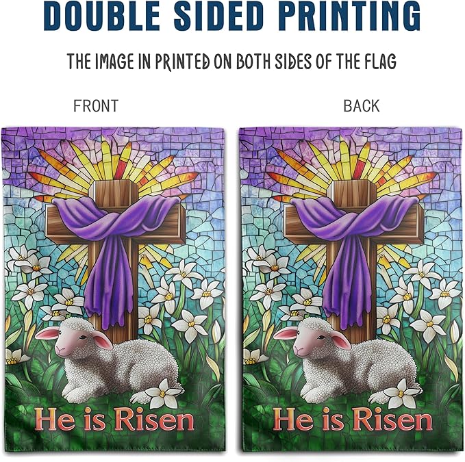 Christian Easter Garden Flag He is Risen Yard Flag Religious Easter Lamb Decor Stained Glass Cross Flag for Outside 12x18 Double Sided Lily Spring Outdoor Flag Small
