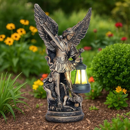 Solar San Miguel Arcangel Outdoor Garden Decor Statues 12.4" Solar St Michael the Archangel Satue for Yard Patio Lawn Porch Decorations Resin St Michael Figurine Religious Collection Sculptures Gifts