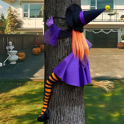 JOYIN 56'' Crashing Witch Halloween Tree Decorations Outdoor, Flying Witch on Broom Hanging Decorations for Yard, Porch, Door, Lawn, Haunted House Prop
