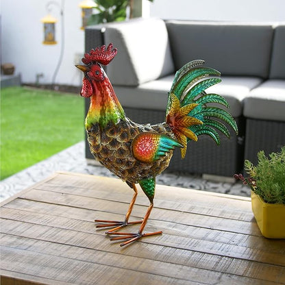 Alpine Corporation 16" Tall Outdoor Metallic Rooster Standing Yard Statue Decoration, Turquoise