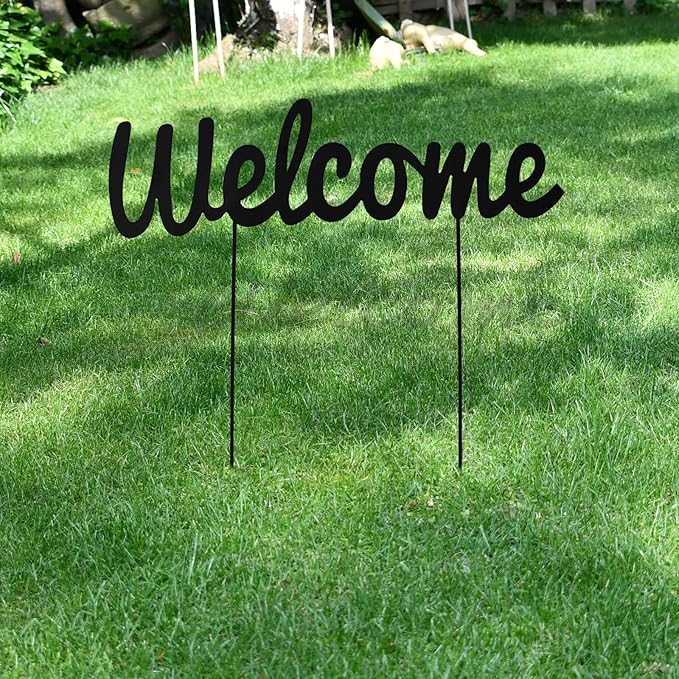 Metal Letters Garden Stakes Yard Art Word Sign Lawn Decoration Indoor Outdoor Plant Pot Decor Decorative Stick for Patio Pathway Flower Bed (Welcome)