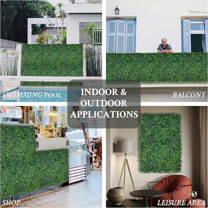 Artificial Grass Wall Panel,10"x 10"(24P) 4-Layer Leaf UV-Anti Greenery Faux Boxwood for Indoor,Outdoor Patio Balcony Privacy & Ivy Fence Covering Privacy, Garden, Backyard Wall Backdrop Decor