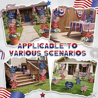 RattanView 6 Pack Outdoor 4th of July Yard Signs Stars and Heart Front Porch Decor with Stakes Red White Blue Lawn Sign Flower Pot for Garden Patio Lawn Independence Day Patriotic Party Decorations