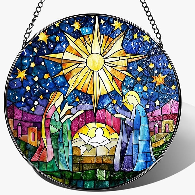 8'' Stained Glass Window Hanging, Nativity Scene Christmas Ornament, Christian Ornament, Sun Catcher Window Decor, Religious Holiday Decor, Gifts for Christmas, Religious Gift, Christian Gift