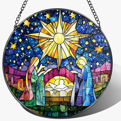 8'' Stained Glass Window Hanging, Nativity Scene Christmas Ornament, Christian Ornament, Sun Catcher Window Decor, Religious Holiday Decor, Gifts for Christmas, Religious Gift, Christian Gift
