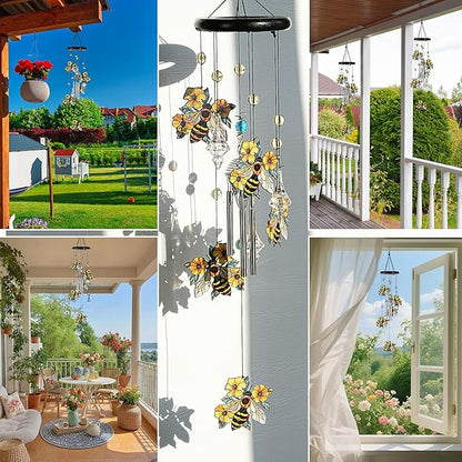 YU FENG Bee Wind Chimes with Crystal Suncatcher – 27 Inch Memorial Wind Chime for Outdoor Garden Decor, Bee Gifts for Mom/Grandma, Metal Windchimes for Yard/Patio