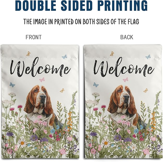 Spring Summer Garden Flag Floral Basset Hound Yard Flag Flower Dog Garden Flags for Outside Small Outdoor Welcome Flags 12x18 Double Sided