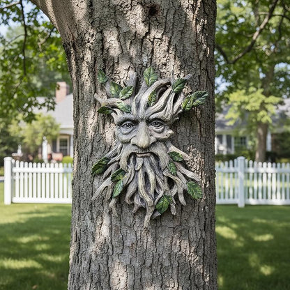 13.2" Real Tree Face Hugger Statue, Resin Elves Sculpture with Foliage Features, Large Outdoor Tree Hugger for Yard Art, Halloween Trees Decorations Outdoor Wall Mounted Statue