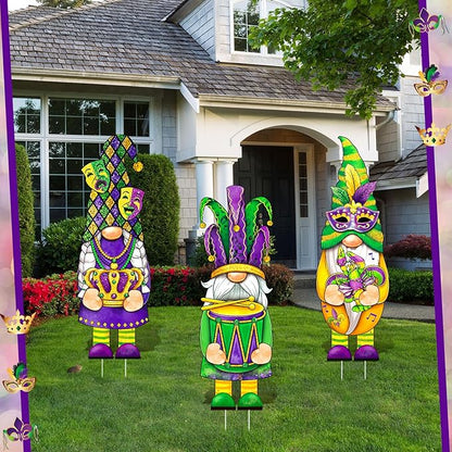 Umigy 3 Pcs Mardi Gras Yard Decor Carnival Day Gnome Outdoor Sign with Stakes Gold Green Purple Gnome Lawn Sign Sweet Yard Decor for Home Pathway Walkway