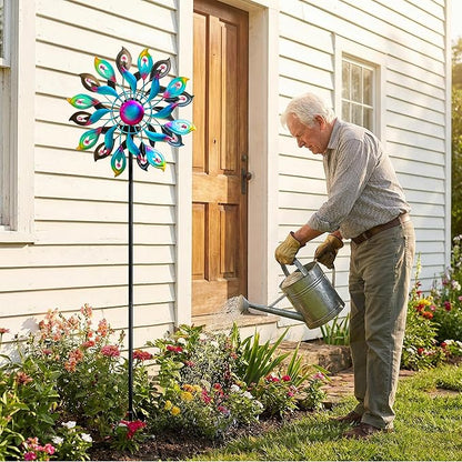 360°Peacock Solar Wind Spinner with Lights Blue Metal Garden Outdoor Decor Yard Lawn Art Decor for Patio Kinetic Windmills Unique Gifts for Friends and Family 51.9' H x 12.2'' Dia