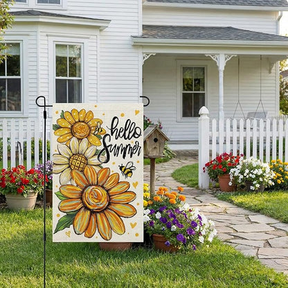 CROWNED BEAUTY Hello Summer Garden Flag Sunflowers 12x18 Inch Double Sided Small Floral Seasonal Holiday Decoration for Outside Yard