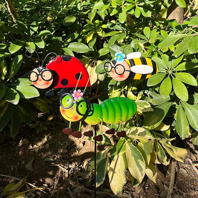 Metal Garden Stakes Set of 3, Hand Painted Insect Yard Art, Ladybug Bee Caterpillar Outdoor Decor, Colorful 3D Lawn Ornaments, Floor Mount Patio Decoration