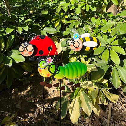 Metal Garden Stakes Set of 3, Hand Painted Insect Yard Art, Ladybug Bee Caterpillar Outdoor Decor, Colorful 3D Lawn Ornaments, Floor Mount Patio Decoration