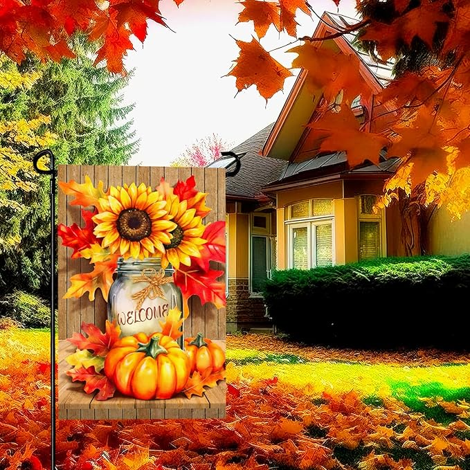 Fall Garden Flags Thanskgiving Sunflower Pumpkin Printing Garden Flag Welcome Autmn Maple Leaves Yard Flag for Outside Mason Jar Pattern Double Side Floral House Flag Decor Standard Size 12×18 Inch