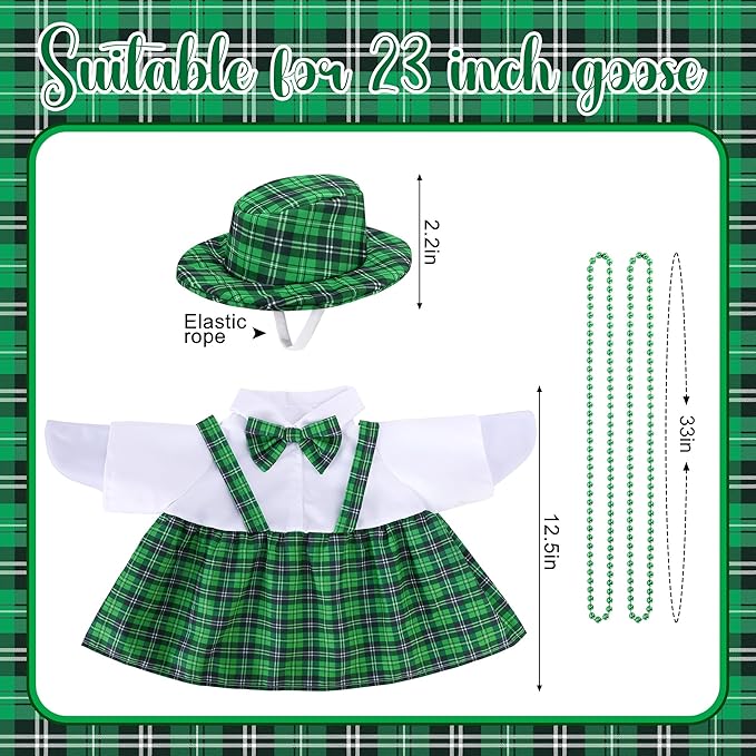 Watayo 4 Pcs/Set St. Patrick's Day Porch Goose Outfits, Lawn Goose Statue Green Plaid Costume, Irish Green Garden Goose Clothes Dress Hat and Bead Necklaces for 23" High Statue Patio Yard Decor