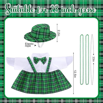 Watayo 4 Pcs/Set St. Patrick's Day Porch Goose Outfits, Lawn Goose Statue Green Plaid Costume, Irish Green Garden Goose Clothes Dress Hat and Bead Necklaces for 23" High Statue Patio Yard Decor