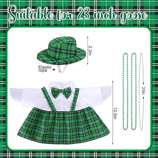 Watayo 4 Pcs/Set St. Patrick's Day Porch Goose Outfits, Lawn Goose Statue Green Plaid Costume, Irish Green Garden Goose Clothes Dress Hat and Bead Necklaces for 23" High Statue Patio Yard Decor