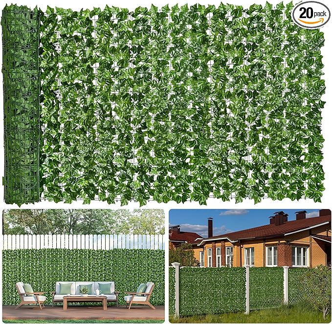 Faux Ivy Privacy Fence Screen 48PCS 20 x 20 Inch Artificial Faux Ivy Hedge Expandable Faux Privacy Fence with 100 pcs Zip Ties Decoration for Wall Screen, Outdoor Garden Wedding(472.5x40 inches)