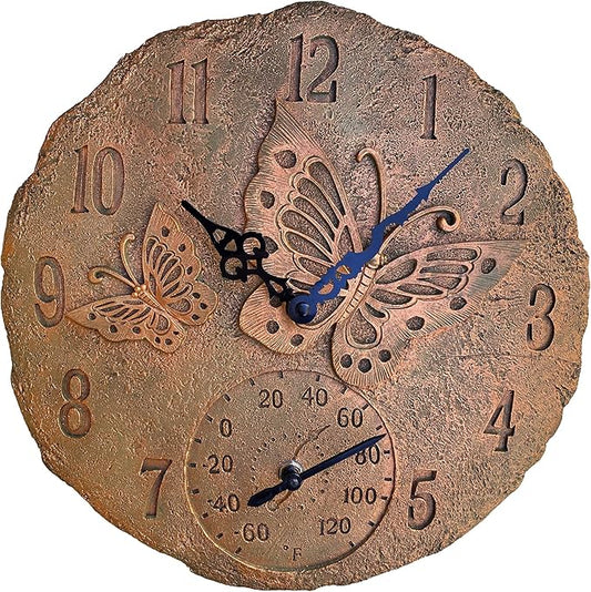 Lily's Home Hanging Wall Clock, Includes a Thermometer, Ideal for Indoor and Outdoor Use, Wonderful Housewarming Gift for Friends, or for Any Butterflies Lovers, Polyresin