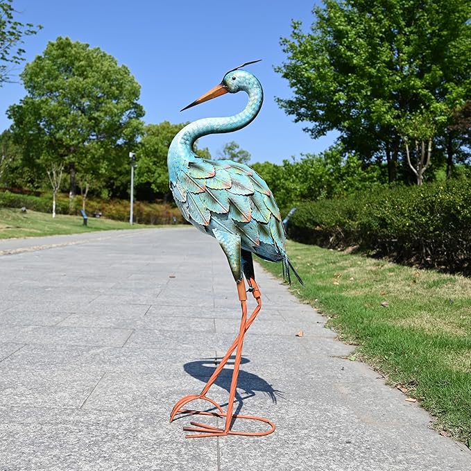 Garden Decor Blue Heron Yard Art Decor Large Metal Cranes Statues for Outdoor Indoor Decorations, Outside Patio, Pool, Lawn (Blue)