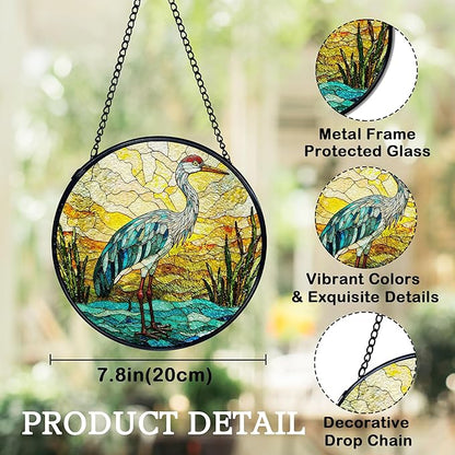 Beach Ocean Blue Heron Suncatchers Stained Glass Window Hanging, Coastal Ocean Sun Catchers Indoor Window Glass Round Wall Decor, Beachy Wall Hanging Decorations, 7.9x7.9in