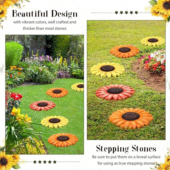 Cinnvoice 3 Pack Garden Stepping Stone Outdoor, Decorative Dimensional Resin Stepping Stones for Patio Pathway Landscaping Walkway Sculpture Yard Backyard Lawn(Sunflower,10 Inches)