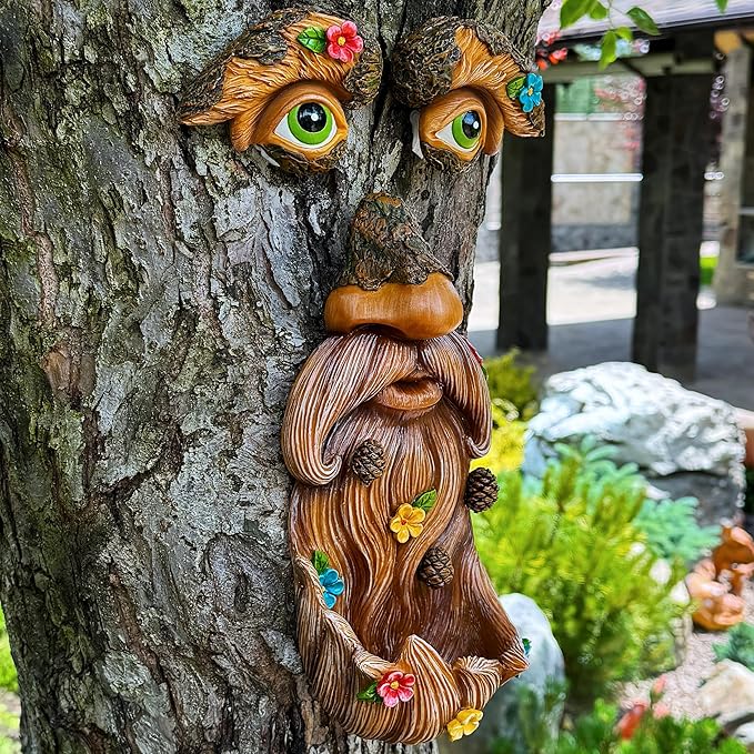 Mood Lab Tree Face Decor - Outdoor Bird Feeder - Old Man Face Decoration with Flowers - Tree Garden Hugger - Yard Art Statues