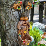 Mood Lab Tree Face Decor - Outdoor Bird Feeder - Old Man Face Decoration with Flowers - Tree Garden Hugger - Yard Art Statues