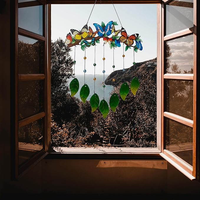 Butterfly Wind Chimes Outdoor - Colorful Metal & Glass Leaves Hanging Decor for Garden, Yard, Porch
