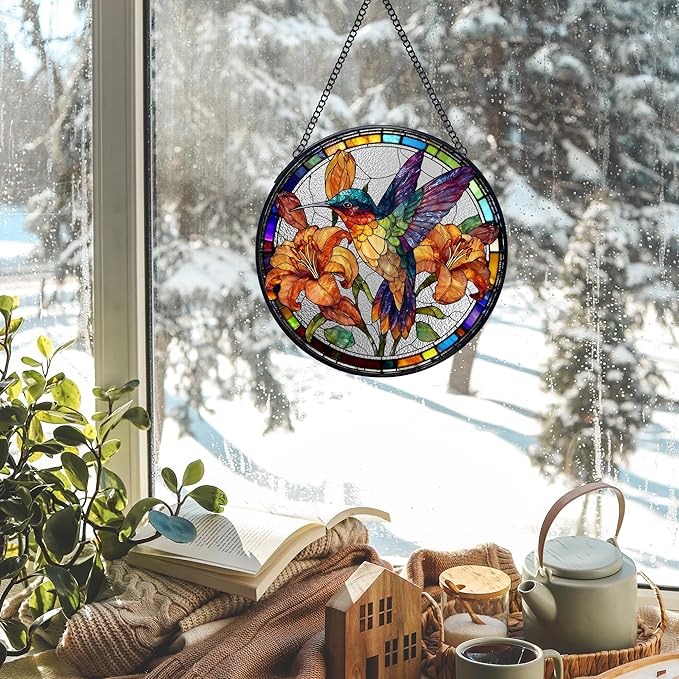 Hummingbird Flower Stained Glass Window Hanging Suncatchers, Hummingbird Bird Sun Catchers Indoor Window Glass Wall Art Decor, Bird Floral Wall Hanging Decorations Sculptures, 7.9x7.9in
