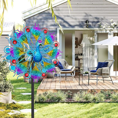 Metal Wind Spinners Outdoor for Garden Yard, 59" Kinetic Large Peacock Wind Spinner & Sculptures with Stable Metal Stake, Garden Windmill for Yard Lawn Patio Art Decor (Colorful)