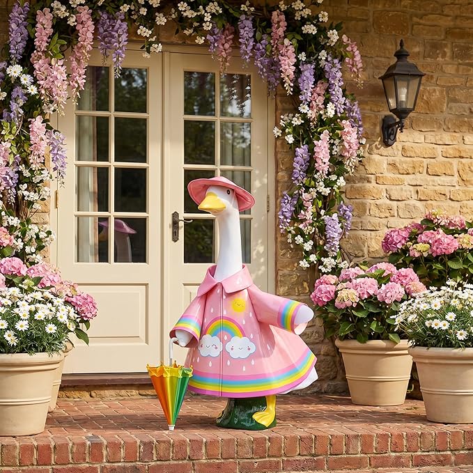 DECOHS 3 Pcs/Set Raincoat Porch Goose Outfits, Summer Lawn Goose Statue Raincoat Costume, Yard Goose Clothes Raincoats Umbrella Hat Outfit for 23" Statue Patio Garden Decoration (Pink Rainbow)
