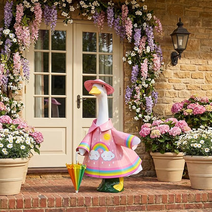 DECOHS 3 Pcs/Set Raincoat Porch Goose Outfits, Summer Lawn Goose Statue Raincoat Costume, Yard Goose Clothes Raincoats Umbrella Hat Outfit for 23" Statue Patio Garden Decoration (Pink Rainbow)