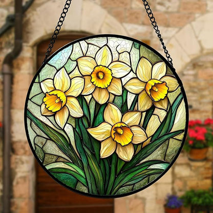 DASTOLL Stained Glass Window Hanging, Daffodil Plant Flowers Sun Catchers Diamond Glass Panel Hangings Suncatcher Decor for Birthday for Women, Men, Wife, Aunt, and Mom 9.8 in