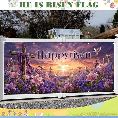 Easter Garage Door Banner Cover, Easter Cross Flowers Spring Party Backdrop Decor, Garage Door Cover For Outdoor Yard Holiday Decoration