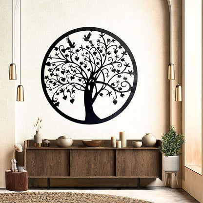 Bellaa 20193 Metal Wall Decor Tree Circle of Life Birds Nature Round Sign Indoor Living Room Rustic Art Outdoor Garden Patio Decor