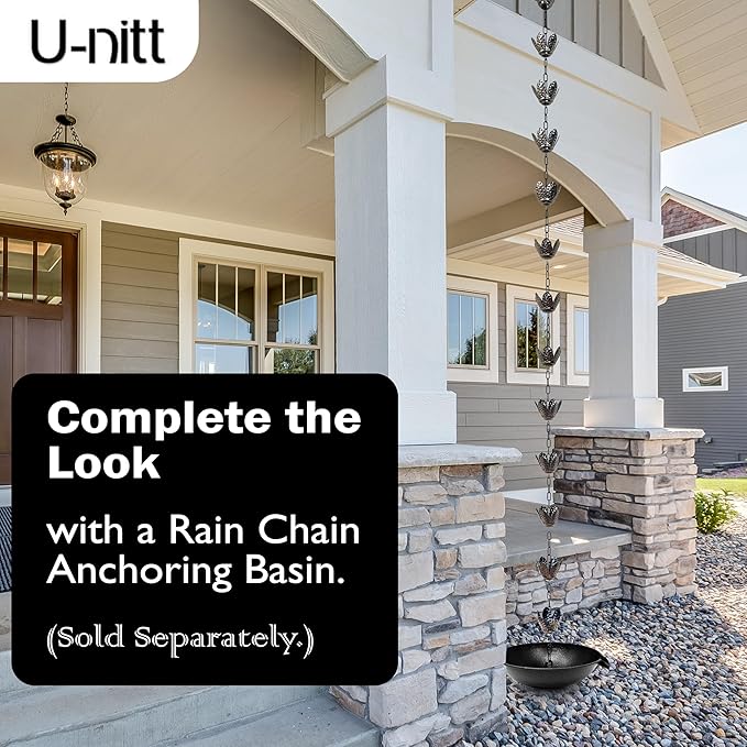 U-nitt Rain Chain Water Collection for Gutters Rainwater Catcher & Diverter, 8.5 FT Chains for Outside Garden, Copper Lily Cups, Roof Downspout, Works with Heavy Rain, w/Gutter Clip for Rainchains