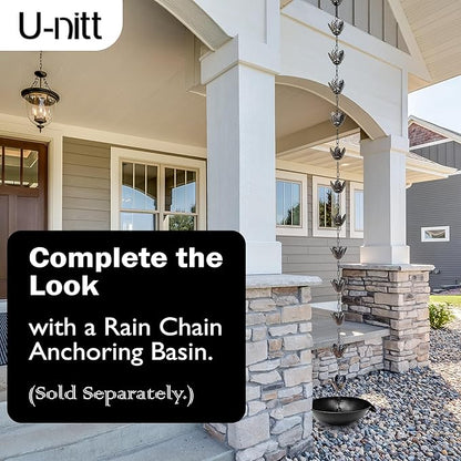 U-nitt Rain Chain Water Collection for Gutters Rainwater Catcher & Diverter, 8.5 FT Chains for Outside Garden, Copper Lily Cups, Roof Downspout, Works with Heavy Rain, w/Gutter Clip for Rainchains