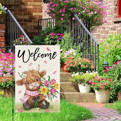 Heyfibro Welcome Spring Summer Highland Cow Garden Flag 12x18 Double Sided Burlap, Flower Bouquet Butterfly Yard Banner for Holiday Farmhouse Yard Outdoor Decor(ONLY FLAG)