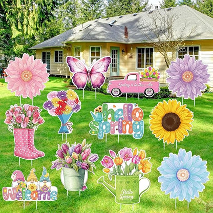 Amyhill 12 Pack Hello Spring Yard Decoration Outdoor Flower Garden Lawn Stake Signs with Stakes Waterproof Spring Garden Decor for Holiday Party Patio Lawn Walkway Outside (Retro Style)