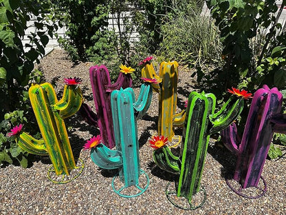 Colorful Metal Saguaro Cactus with Flowers - Handmade Garden Decor (Pink)