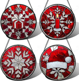 DASTOLL Stained Glass Window Hanging 4 Pcs Set Red Christmas Decorations Theme Large 11.8" - Suncatcher Door Garden Sun Catcher Decor Birthday for Mom Woman Nana Men Friend Wife