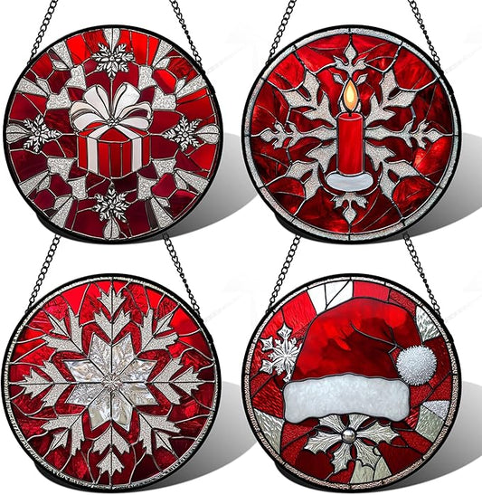 DASTOLL Stained Glass Window Hanging 4 Pcs Set Red Christmas Decorations Theme 9.8" - Suncatcher Door Garden Sun Catcher Decor Birthday for Mom Woman Nana Men Friend Wife