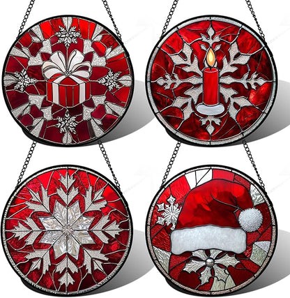 DASTOLL Stained Glass Window Hanging 4 Pcs Set Red Christmas Decorations Theme Large 15" - Suncatcher Door Garden Sun Catcher Decor Birthday for Mom Woman Nana Men Friend Wife