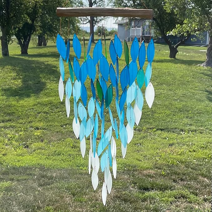 Blue Handworks Deluxe Ocean Ombre Waterfall & Driftwood Chime, Sandblasted Glass and Found Wood Handcrafted Wind Chime