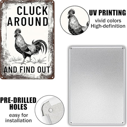 Funny Chicken Signs-Vintage Metal Chicken Signs for Coop Funny Outdoor,Cluck Around and Find Out Tin Sign for Home Farm Chicken Coop Farmhouse Kicthen Garden Decor 8 X 12 Inch