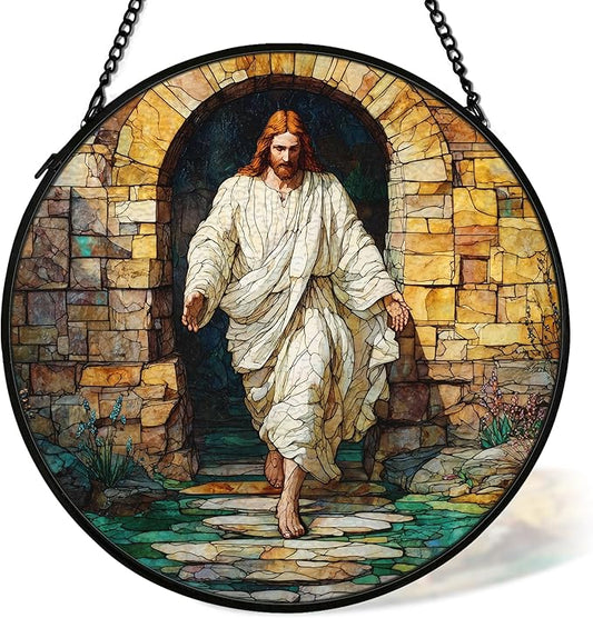 Easter Christian Empty Tomb Suncatcher Stained Glass Window Hanging Wall Decorations, Easter Christian Gifts for Women, Jesus He is Risen Sun Catchers Lawn Garden Window Hanging Art,7.9x7.9In