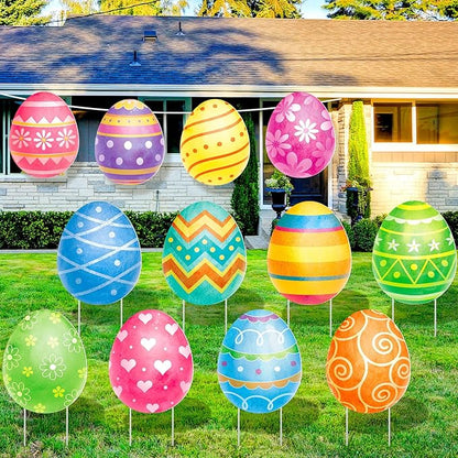 Beeveer 12 Pcs Easter Yard Signs Lawn Sign with Stakes Easter Egg Yard Decor Outdoor Lawn Decorations Hanging Ornaments for Spring Patio Garden Party Supplies Photo Props